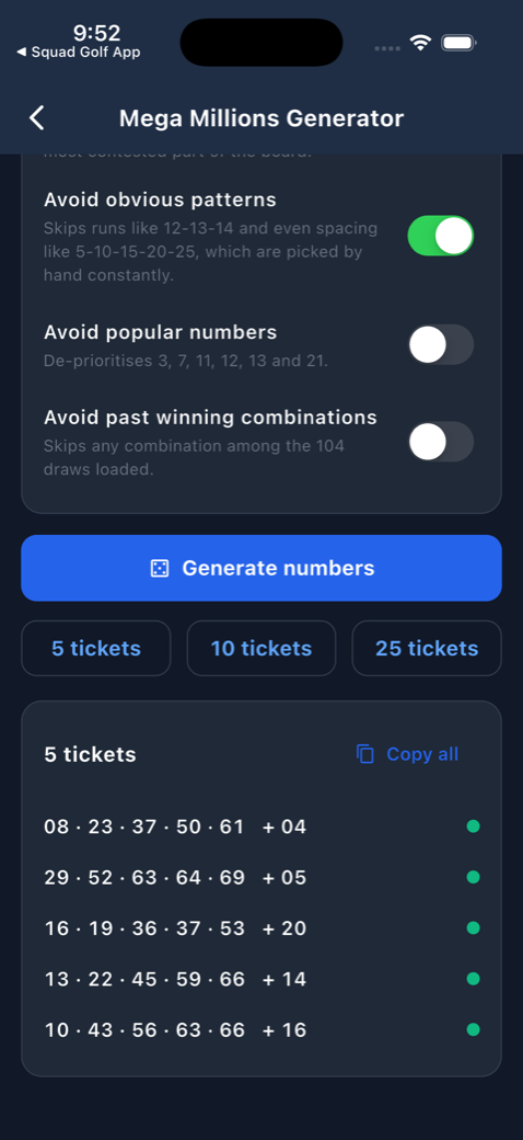 Bulk picks — generate 5, 10 or 25 tickets at once