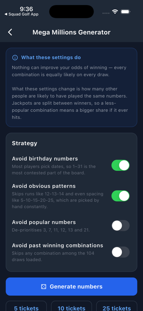 Generator — strategy controls, explained honestly